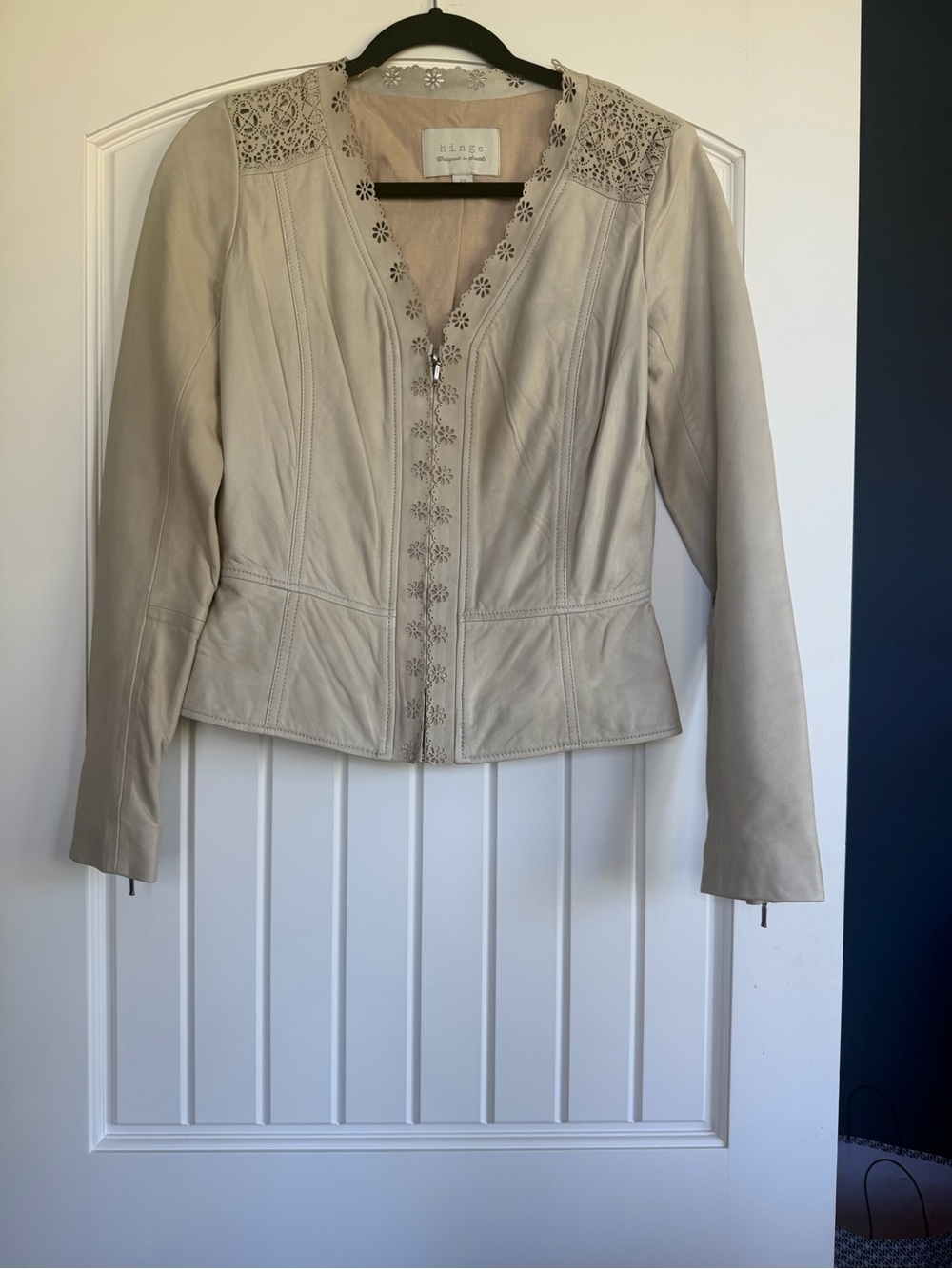 hinge Light Beige Leather Zip-Front Jacket with Laser-Cut Detail